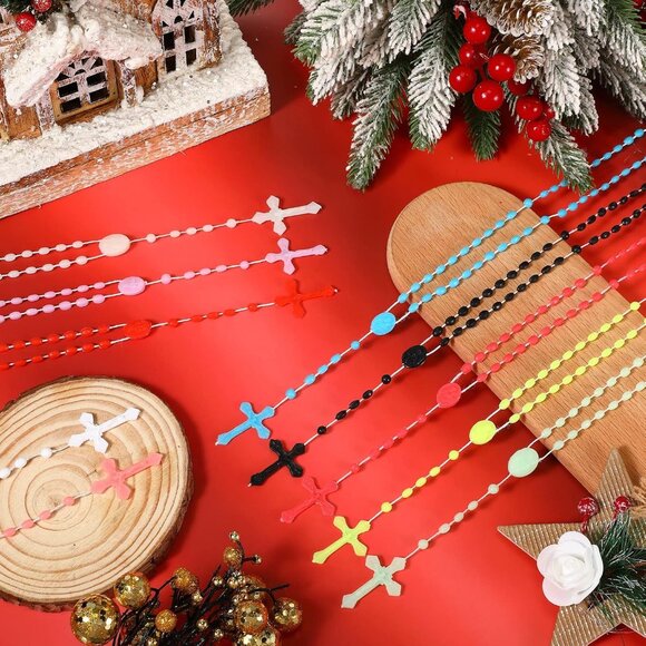 Bright Color Glow-in-the-Dark Plastic Rosary Cross Necklaces Bulk Pack of 100 fo - Picture 2 of 6
